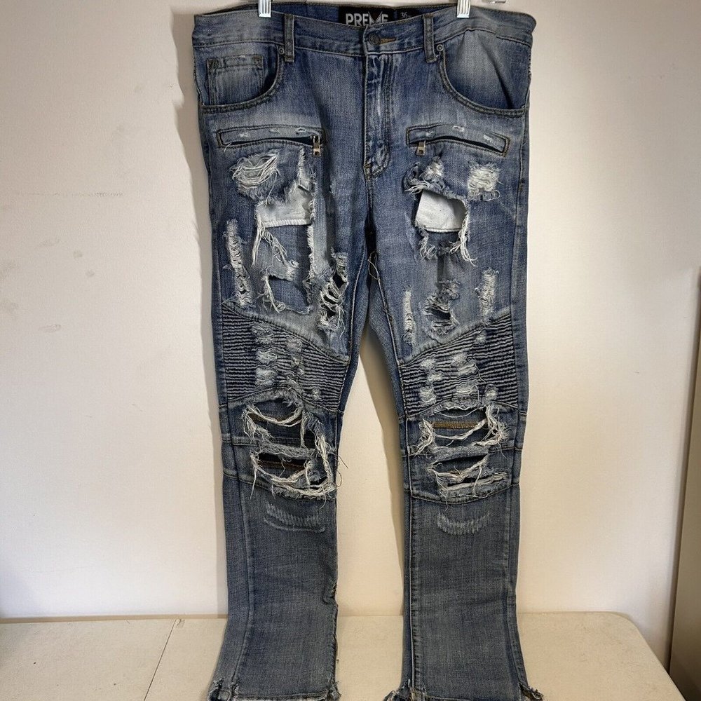 Preme Distressed Destroyed Moto Blue Jeans Men Size 36x35 Zippered Pockets